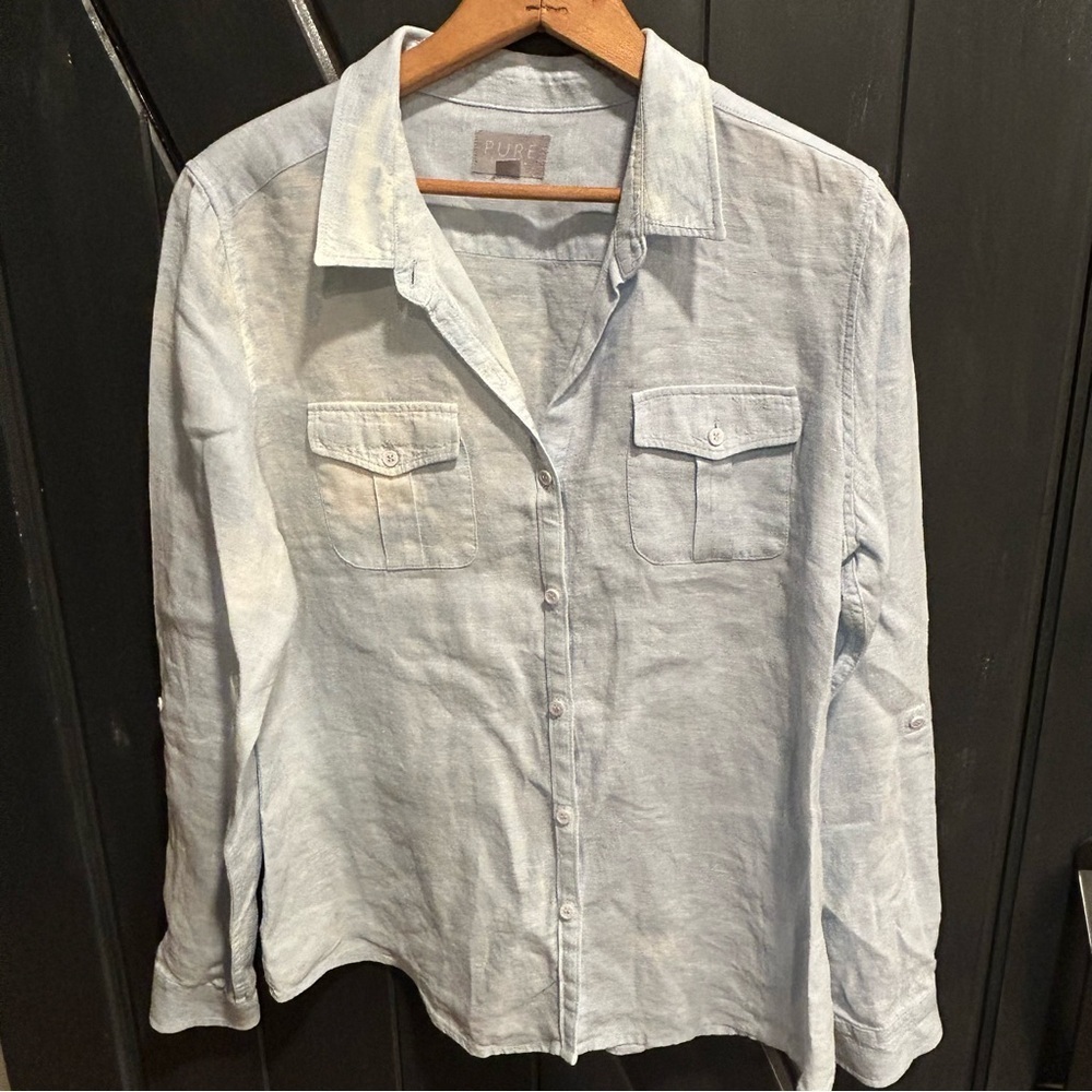 PURE Tie-dye 100% Linen button Down Shirt, blue , coastal vacation, Size 12
